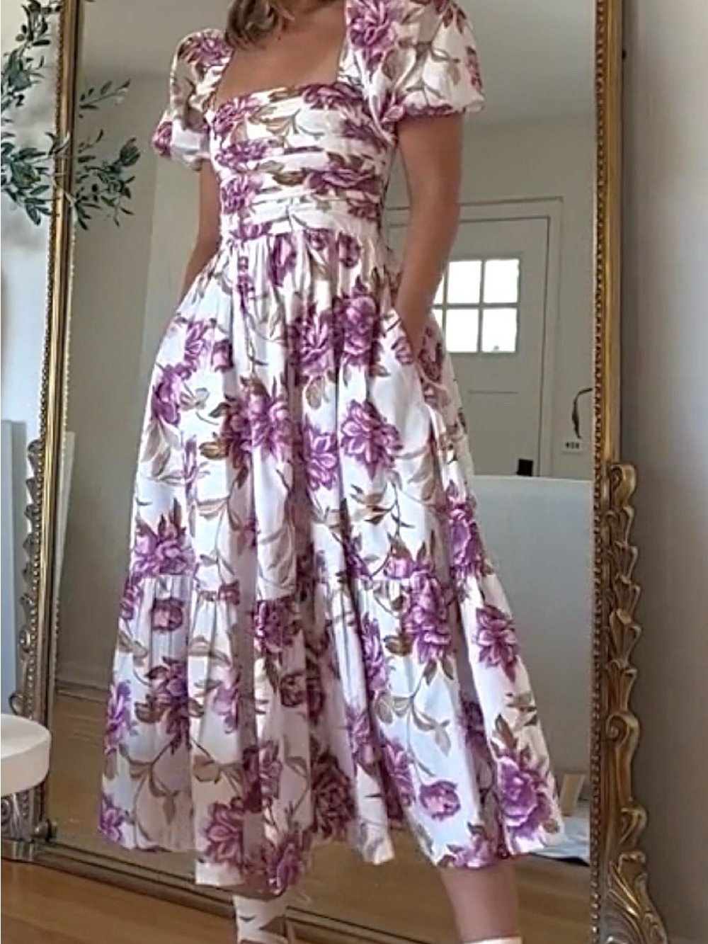 Abercrombie & Fitch White Midi Dress with Purple Floral Print